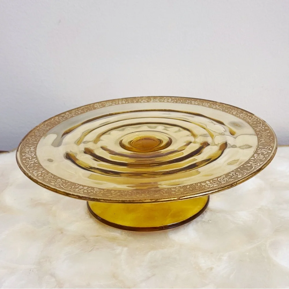 Vintage Gold Floral Trim Amber Pedestal Dish